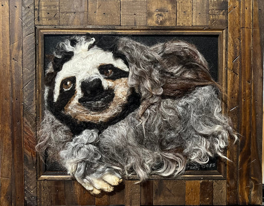 FP154 Felted Sloth (Wood Slat Frame) | Suri Alpaca Fiber Art