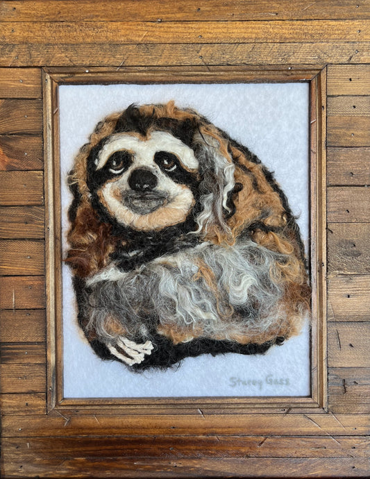 FP156 Felted Sloth on White (Wood Slat Frame) | Suri Alpaca Fiber Art