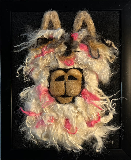 FP161 Felted Suri Alpaca Portrait White/Pink | Suri Alpaca Fiber Art