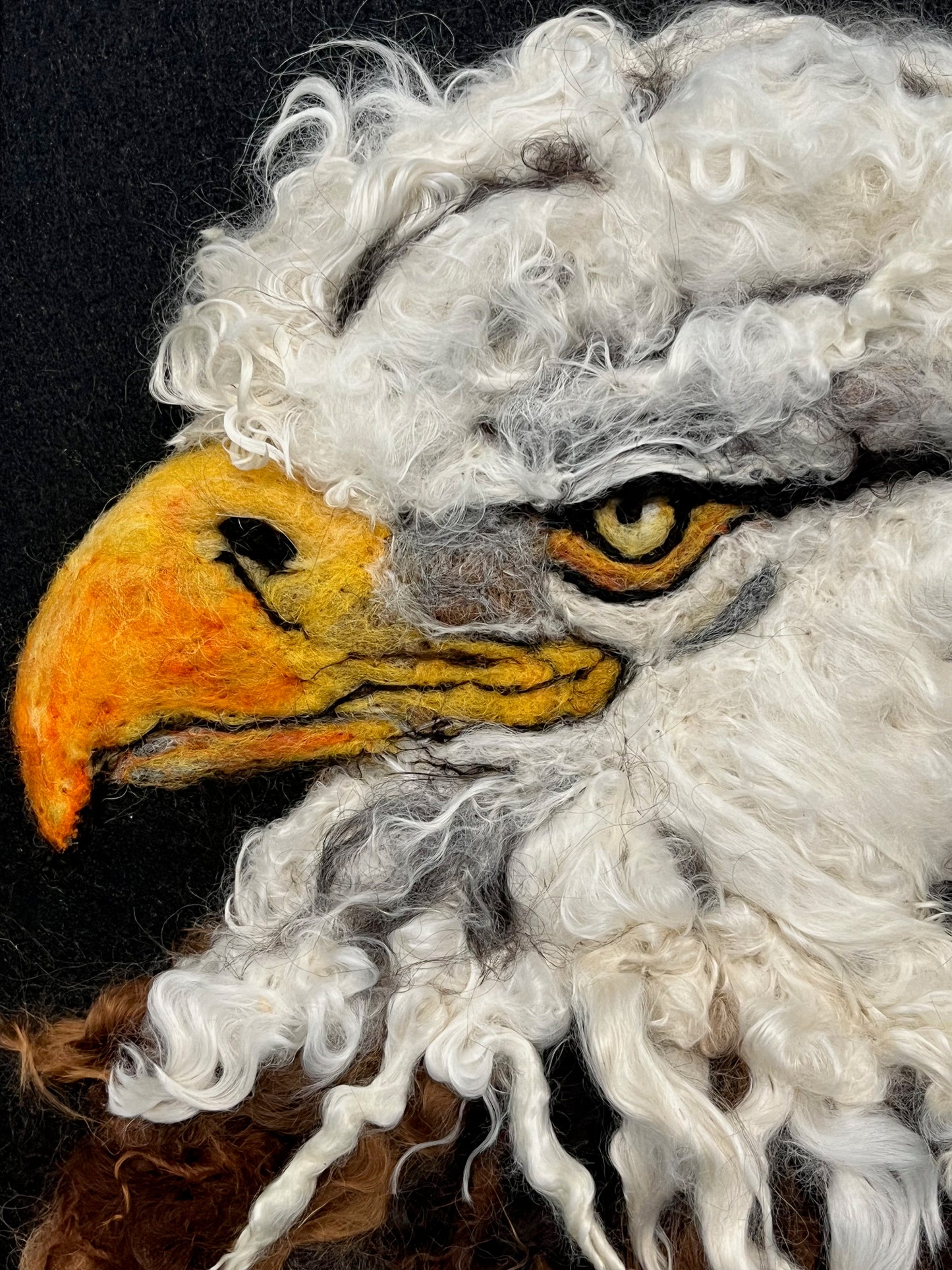 FP173 Felted Eagle (13x16) Face Left | Suri Alpaca Fiber Art