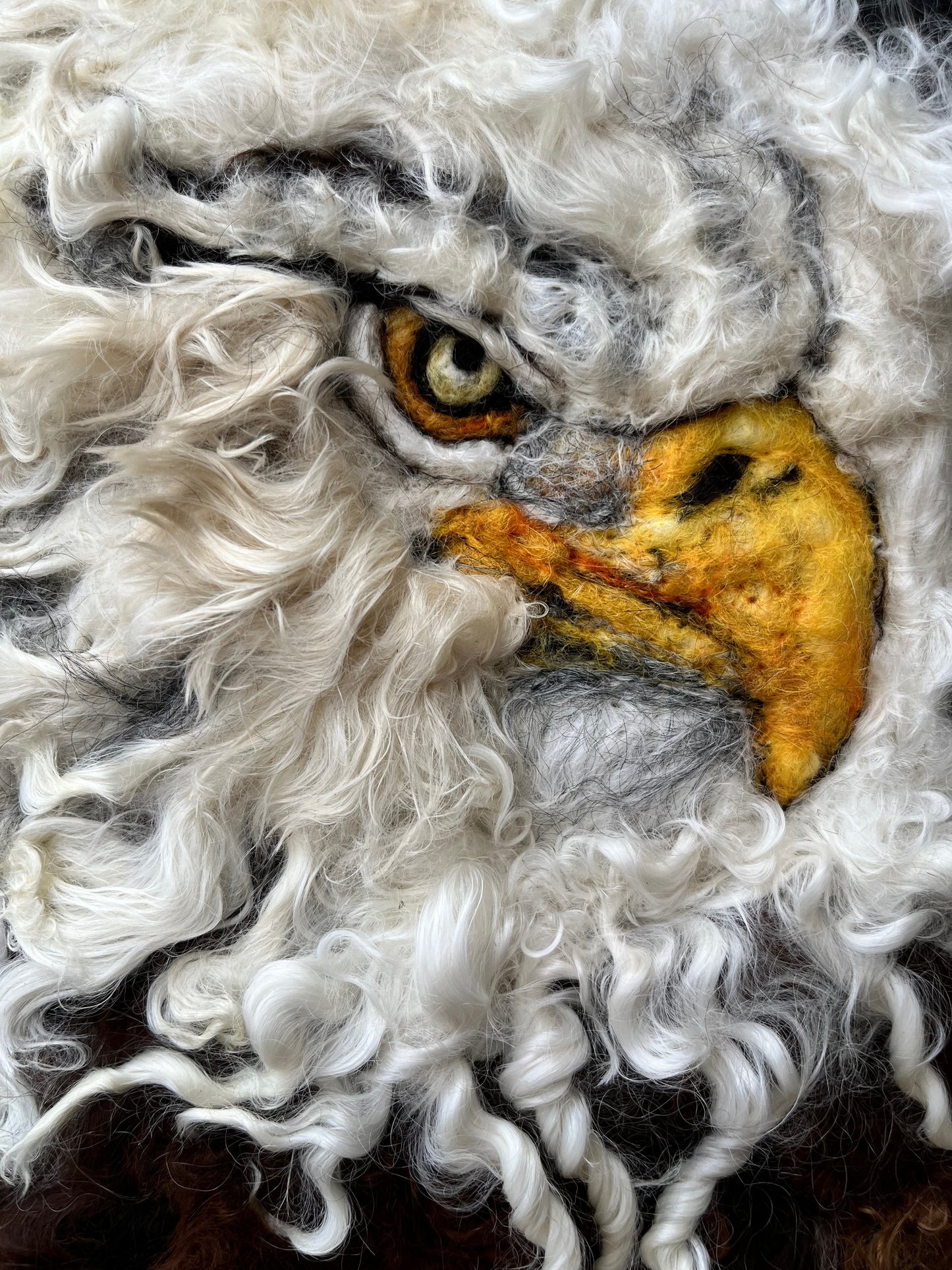 FP174 Felted Eagle (10x12) Nested Beak Right | Suri Alpaca Fiber Art