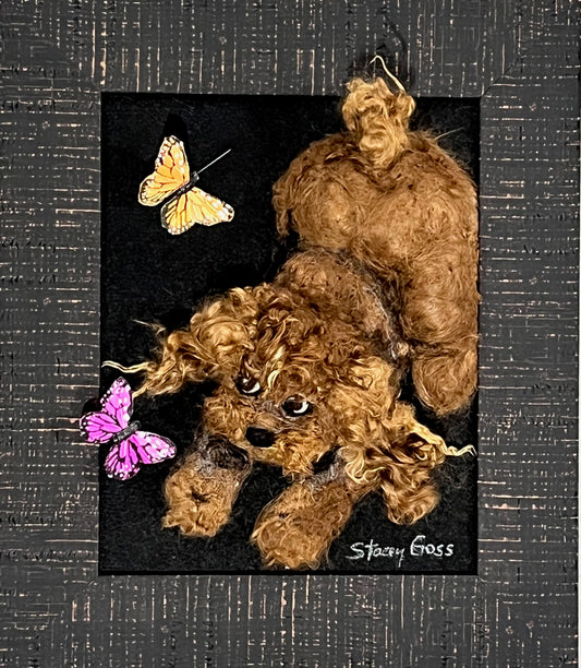 FP121 Felted Dog & Butterflies Portrait (11x13) Fawn | Suri Alpaca Fiber Art