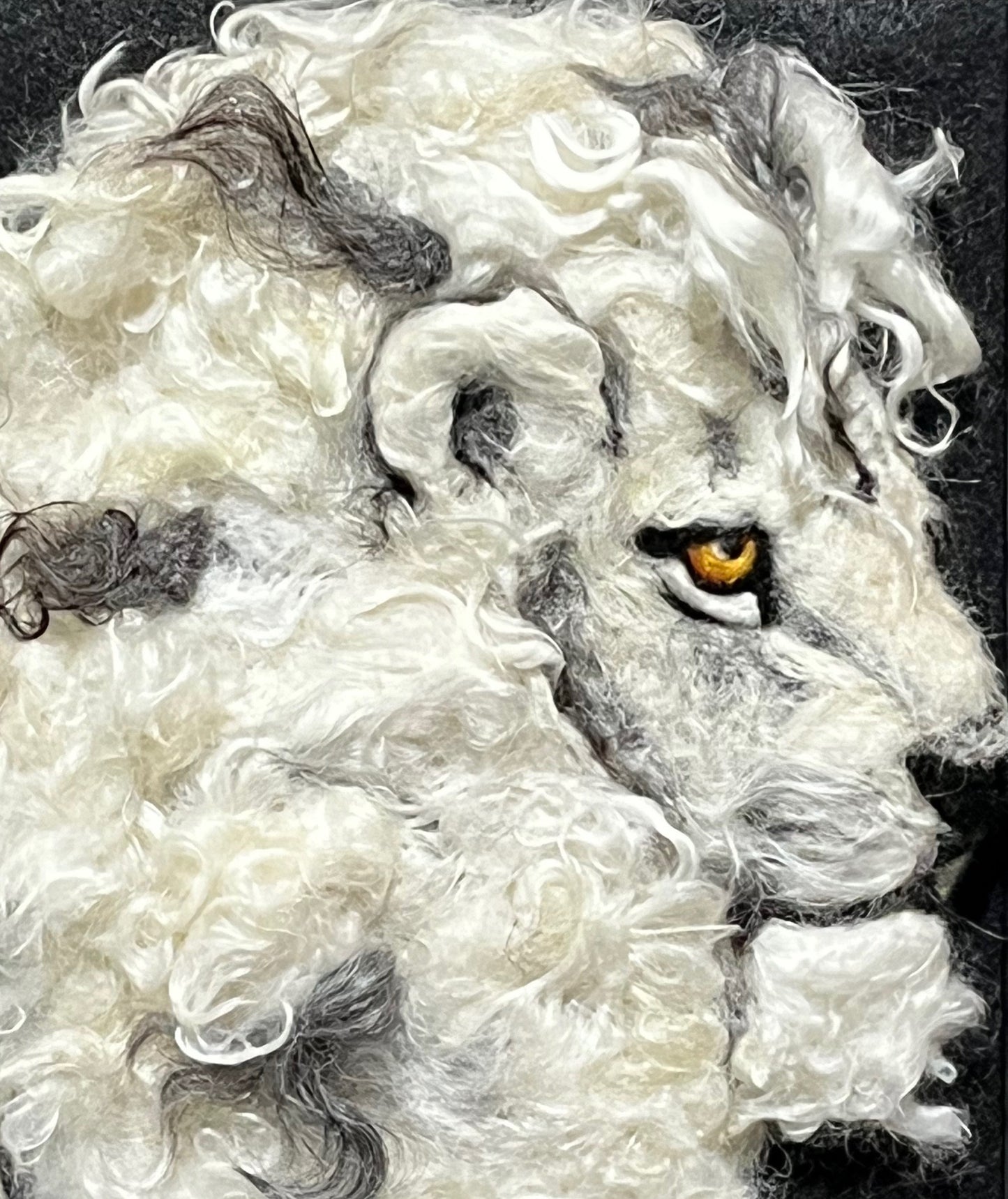 FP24 Felted Lion Portrait (8x10) White w/Grey | Suri Alpaca Fiber Art