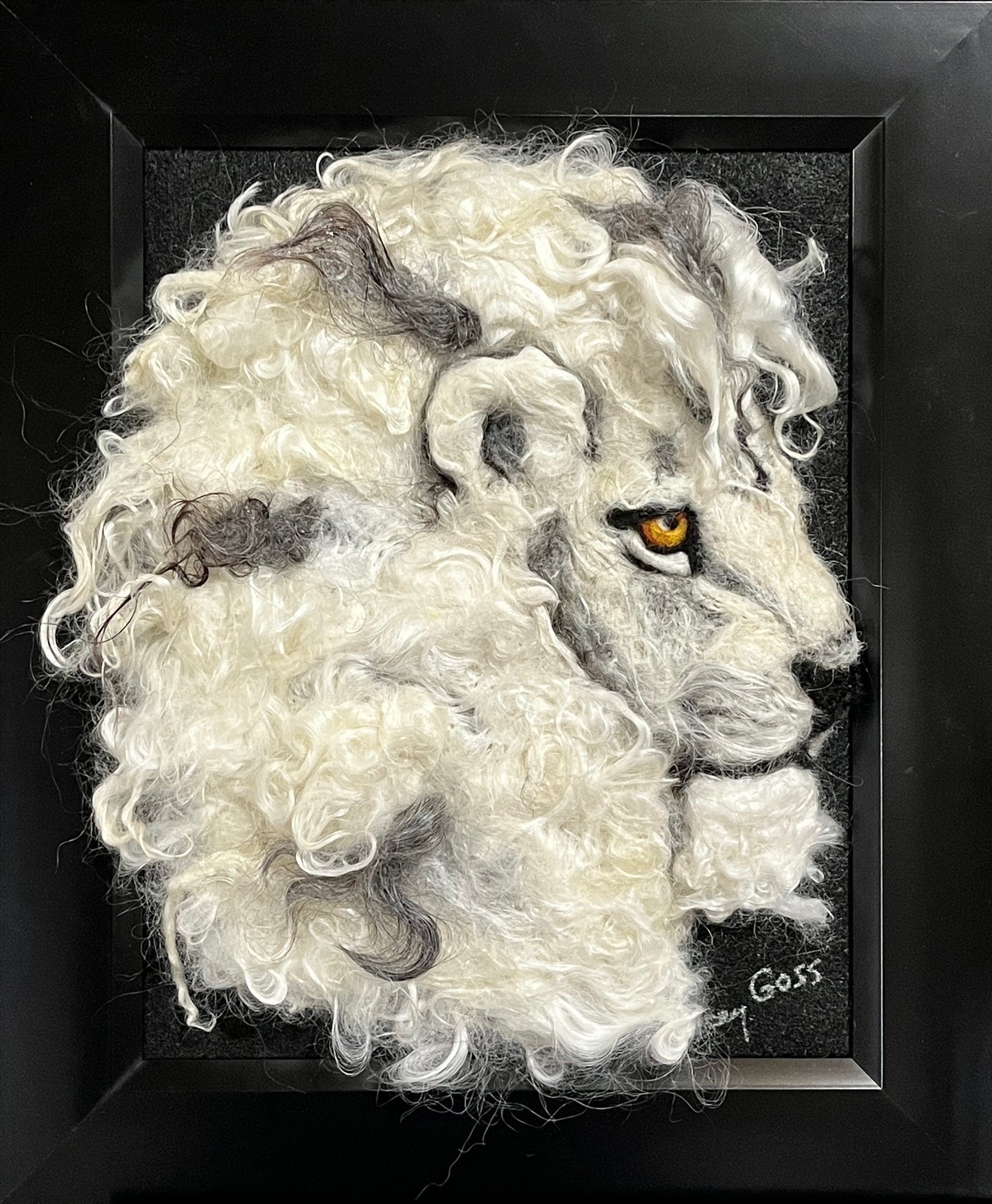 FP24 Felted Lion Portrait (8x10) White w/Grey | Suri Alpaca Fiber Art