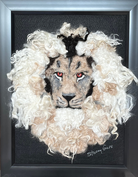 FP32 Felted Lion Portrait (14x18) White Beige | Suri Alpaca Fiber Art