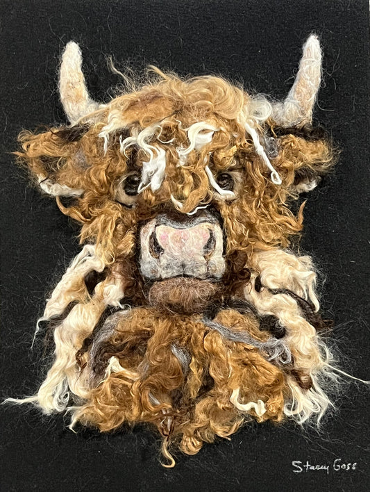 FP409 Felted Highland Cow (12 x 16 ) | Suri Alpaca Fiber Art