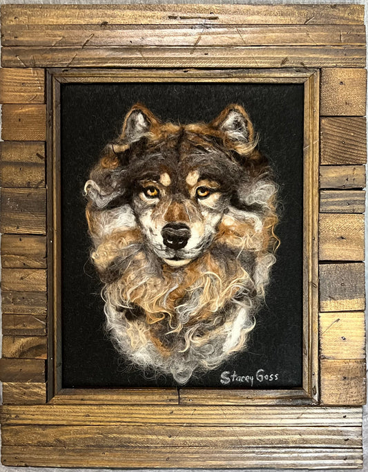 FP500 Felted Gray Wolf Portrait (12x15) | Suri Alpaca Fiber Art