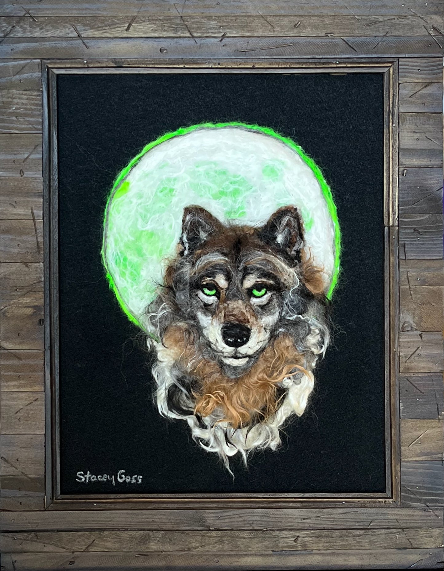 FP501 Felted Wolf w/Moon (14 x 18.75) | Suri Alpaca Fiber Art