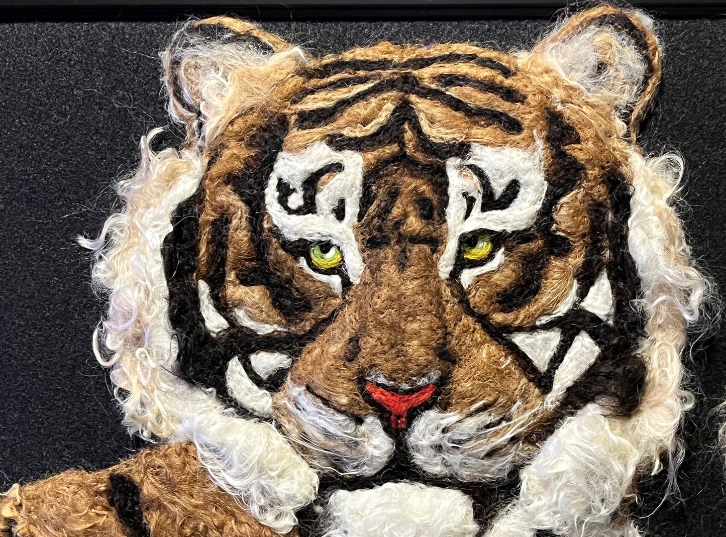 FP52 Felted Tiger with Baby Portrait (23x19) | Suri Alpaca Fiber Art