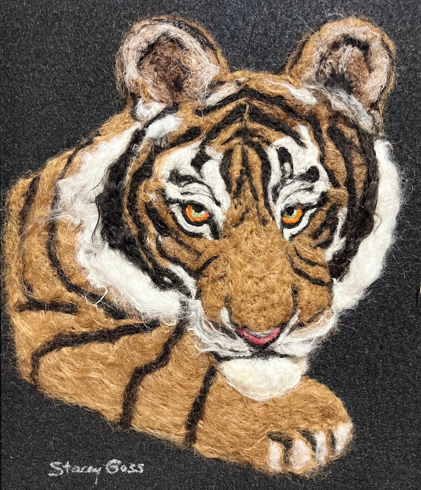 FP53 Felted Lion-Tiger Portrait Triple (31x14) | Suri Alpaca Fiber Art