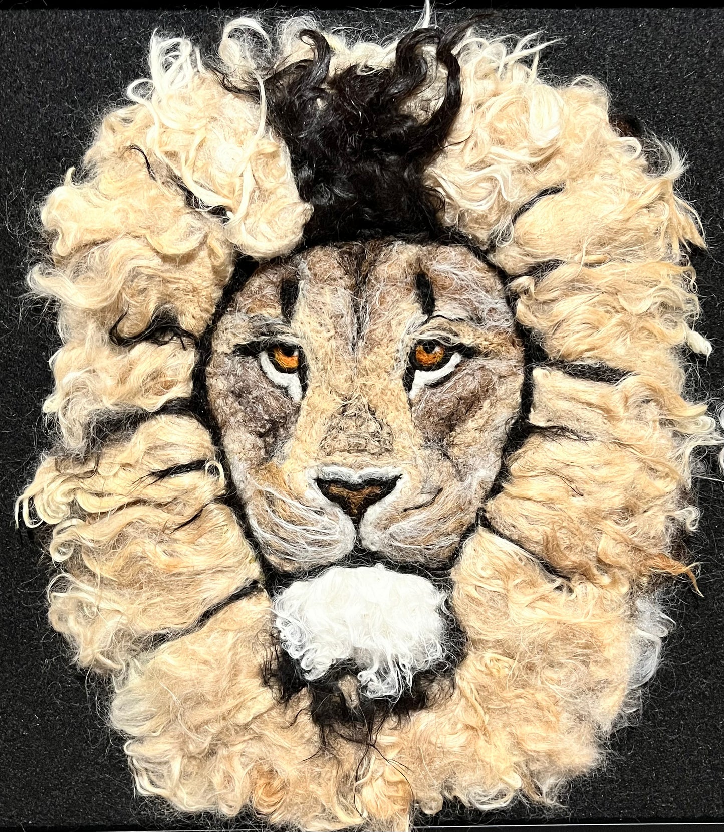 FP53 Felted Lion-Tiger Portrait Triple (31x14) | Suri Alpaca Fiber Art