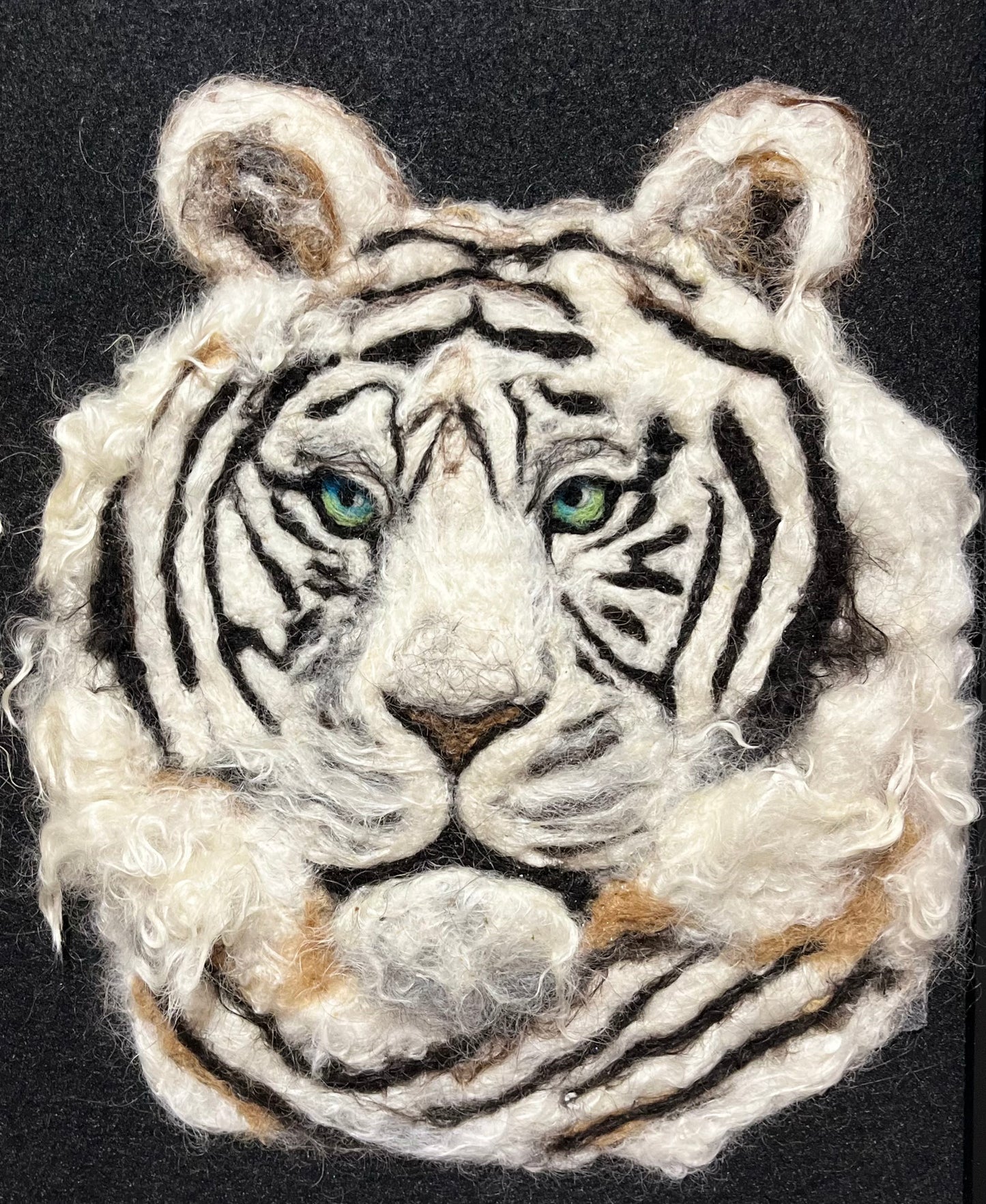 FP53 Felted Lion-Tiger Portrait Triple (31x14) | Suri Alpaca Fiber Art