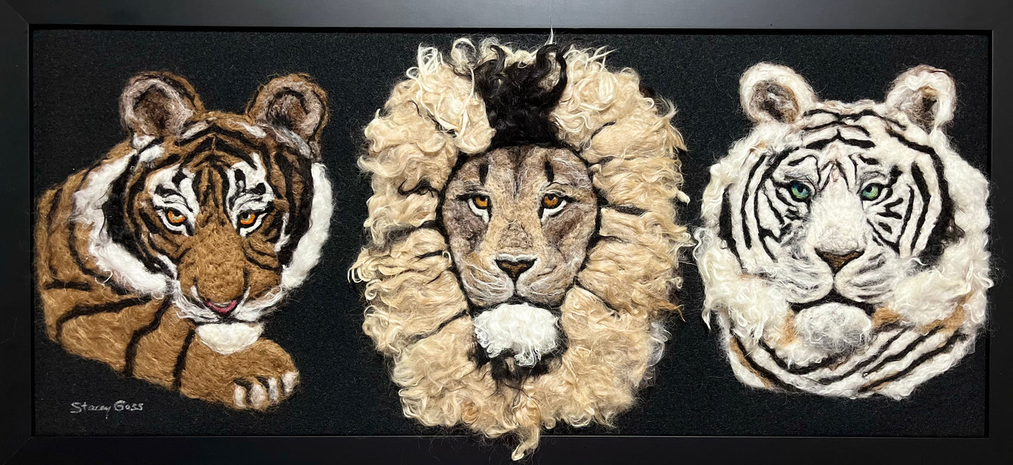 FP53 Felted Lion-Tiger Portrait Triple (31x14) | Suri Alpaca Fiber Art