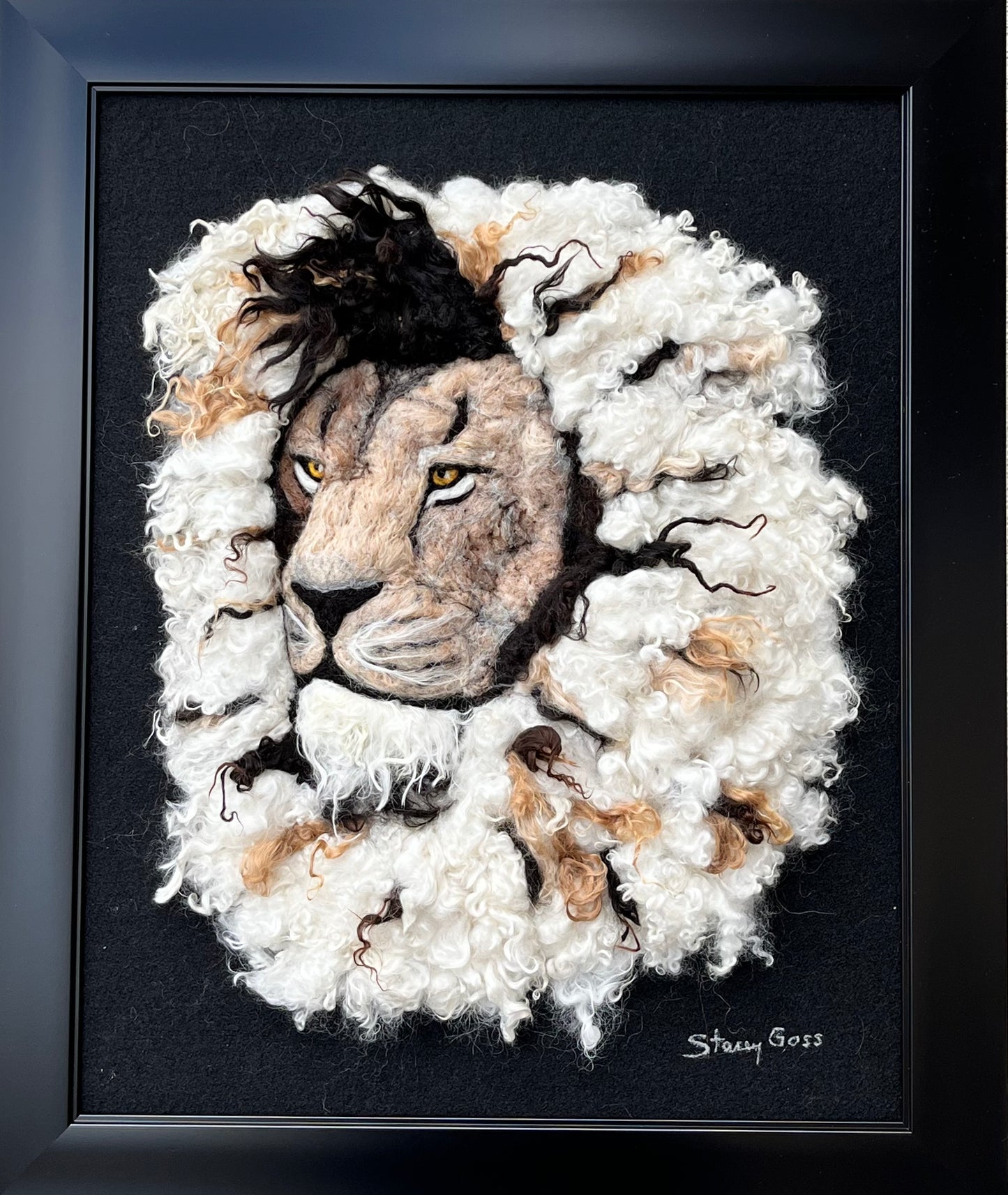 FP62 Felted Lion Portrait (19x23) White | Suri Alpaca Fiber Art