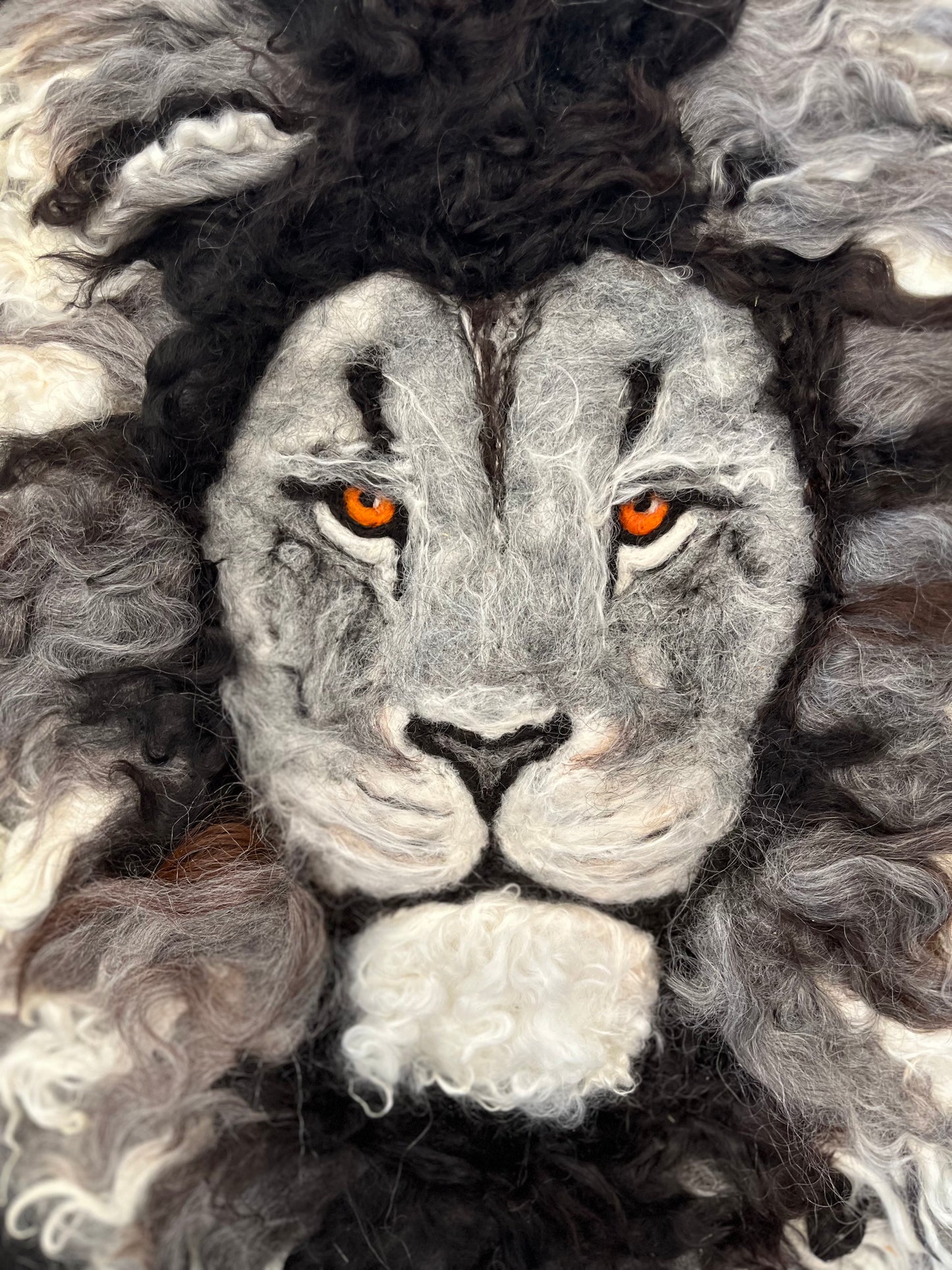 FP64 Felted Lion Portrait (19x23) Grey | Suri Alpaca Fiber Art