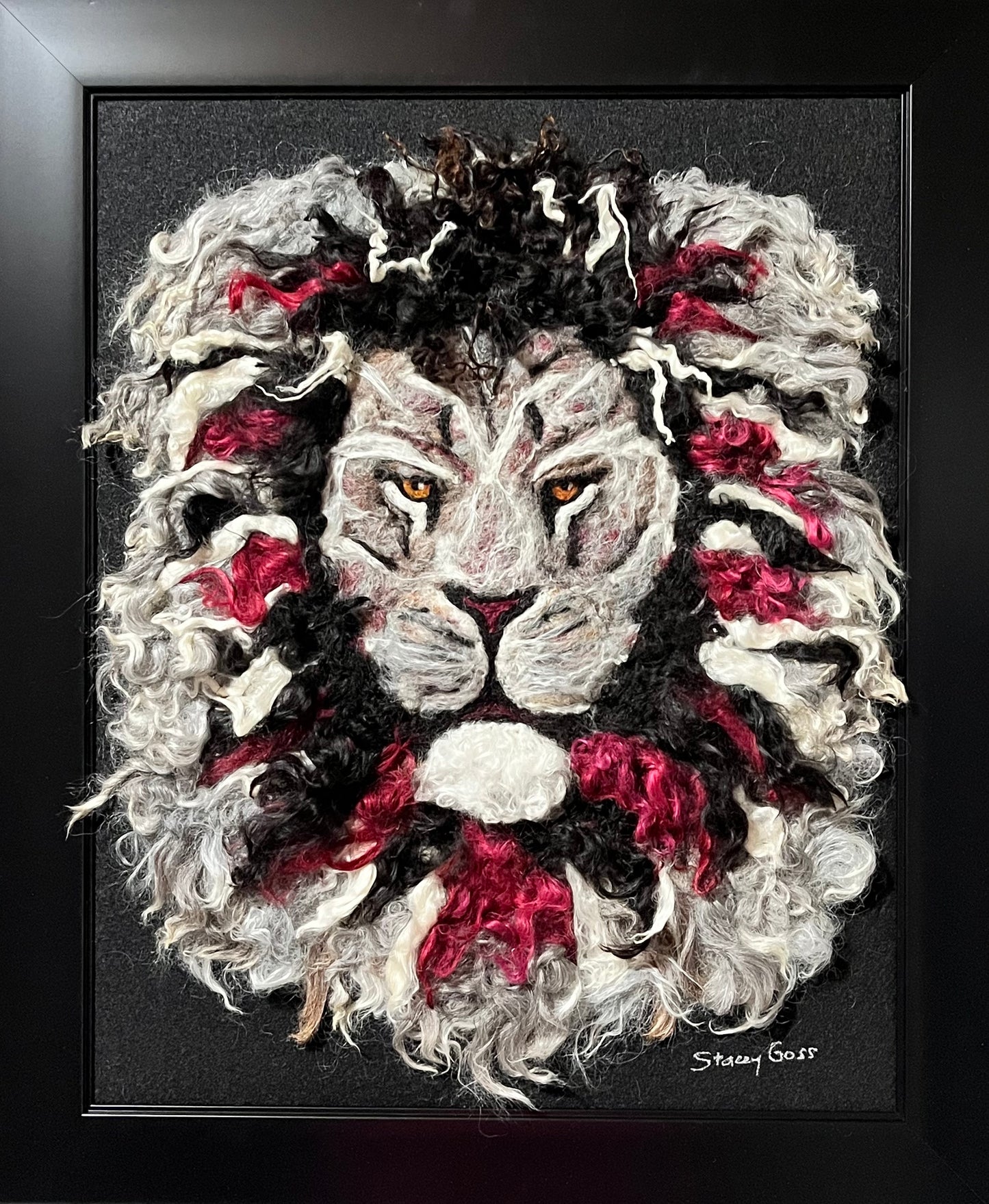 FP65 Felted Lion Portrait (19x23) Burgundy/Grey | Suri Alpaca Fiber Art