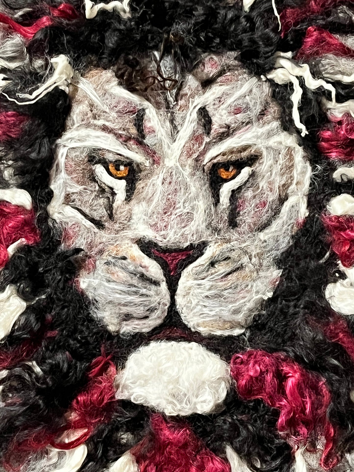 FP65 Felted Lion Portrait (19x23) Burgundy/Grey | Suri Alpaca Fiber Art