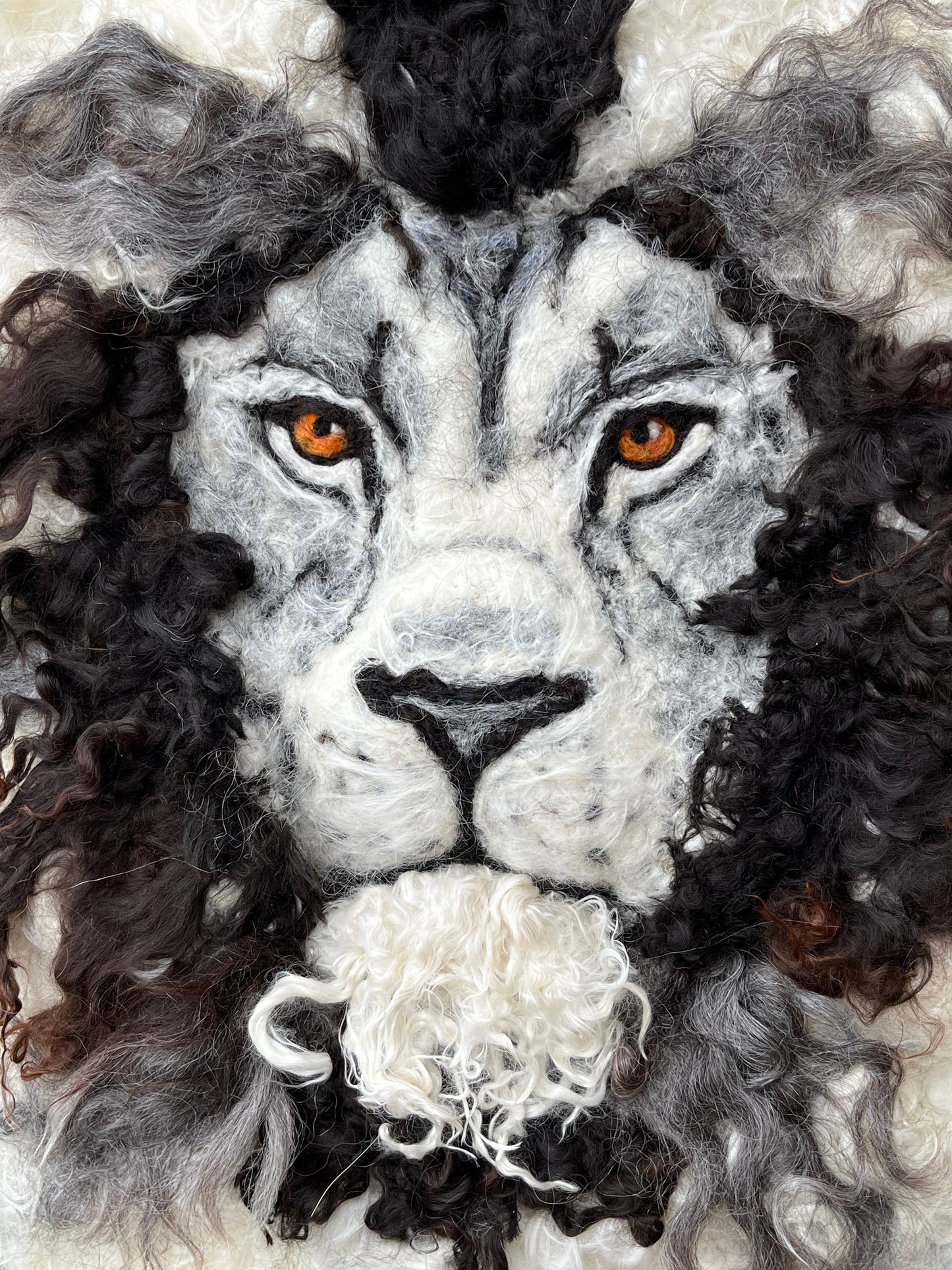 FP68 Felted Lion Portrait (19x23) White Black Grey | Suri Alpaca Fiber Art