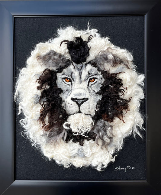 FP68 Felted Lion Portrait (19x23) White Black Grey | Suri Alpaca Fiber Art