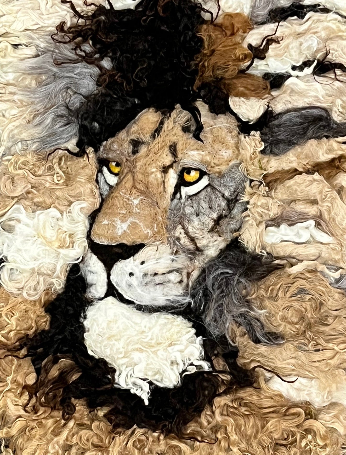 FP70 Felted Lion Portrait (19x23) Fawn Multi Side | Suri Alpaca Fiber Art