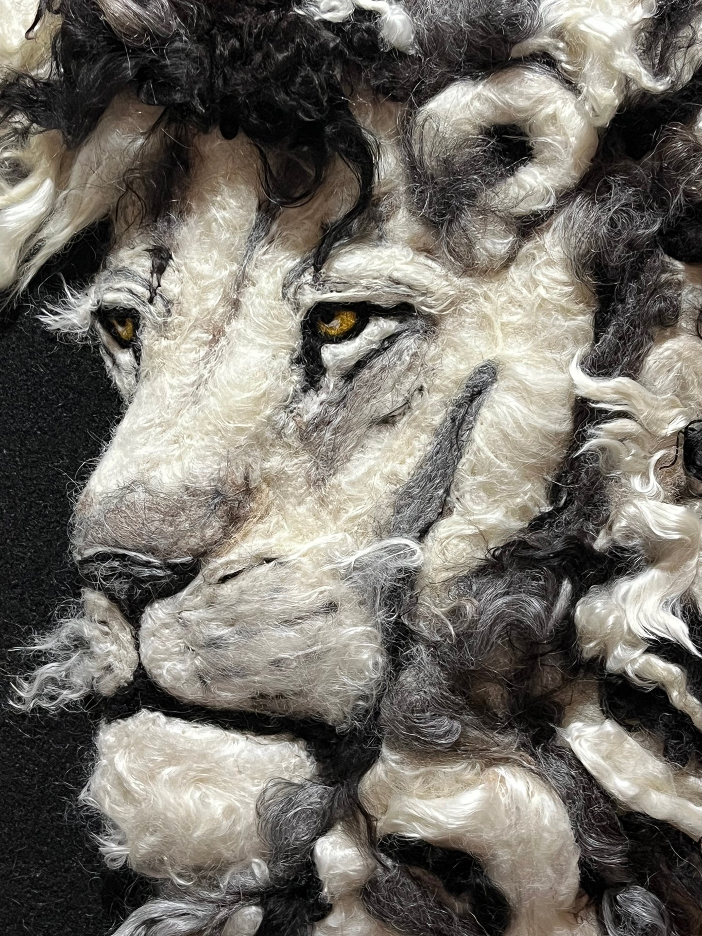 FP71 Felted Lion Portrait (19x23) Black-White-Grey Side | Suri Alpaca Fiber Art