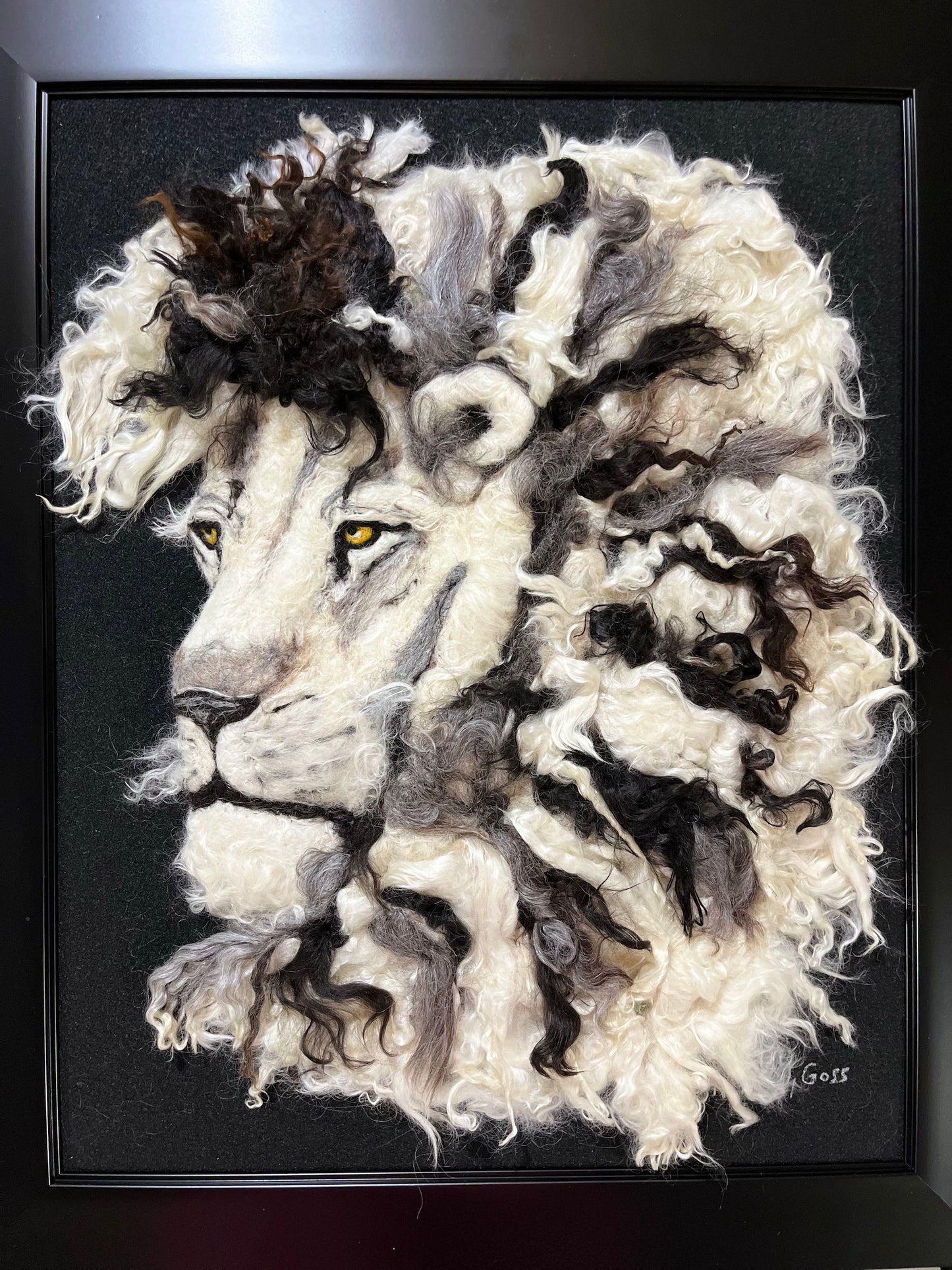 FP71 Felted Lion Portrait (19x23) Black-White-Grey Side | Suri Alpaca Fiber Art