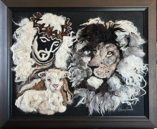FP72 Felted Lion & Lamb w/Jesus Portrait (20x16) | Suri Alpaca Fiber Art