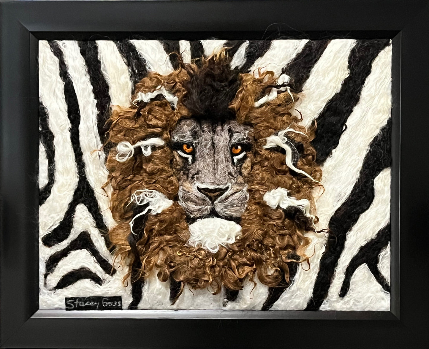 FP79 Felted Lion Portrait (16x13) Zebra Background | Suri Alpaca Fiber Art