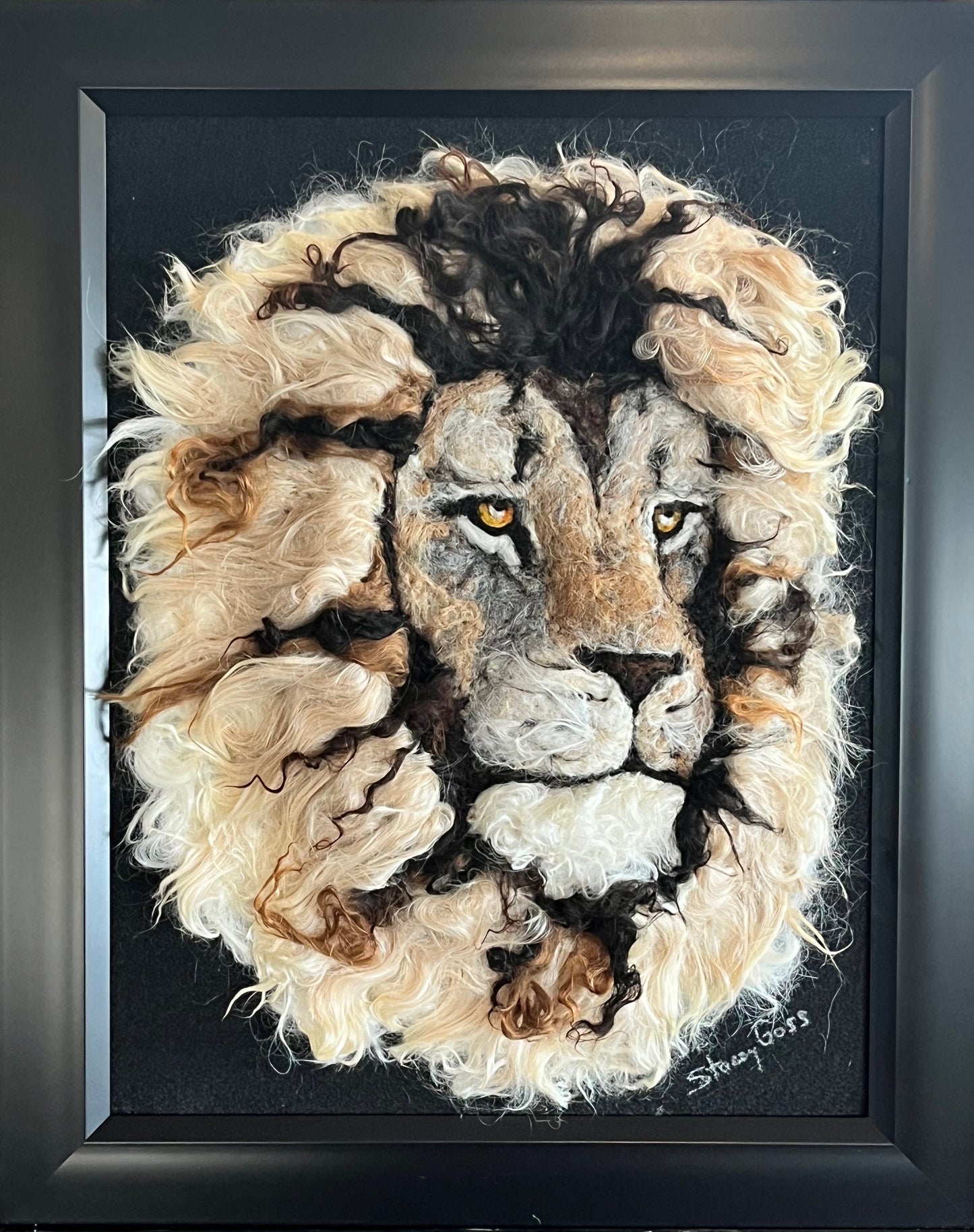 FP83 Felted Lion Portrait (13x16) Beige Side | Suri Alpaca Fiber Art