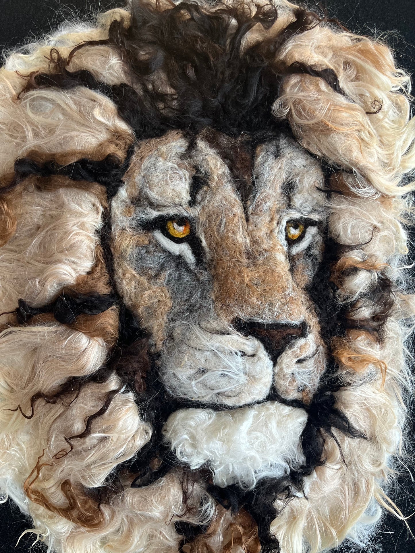 FP83 Felted Lion Portrait (13x16) Beige Side | Suri Alpaca Fiber Art