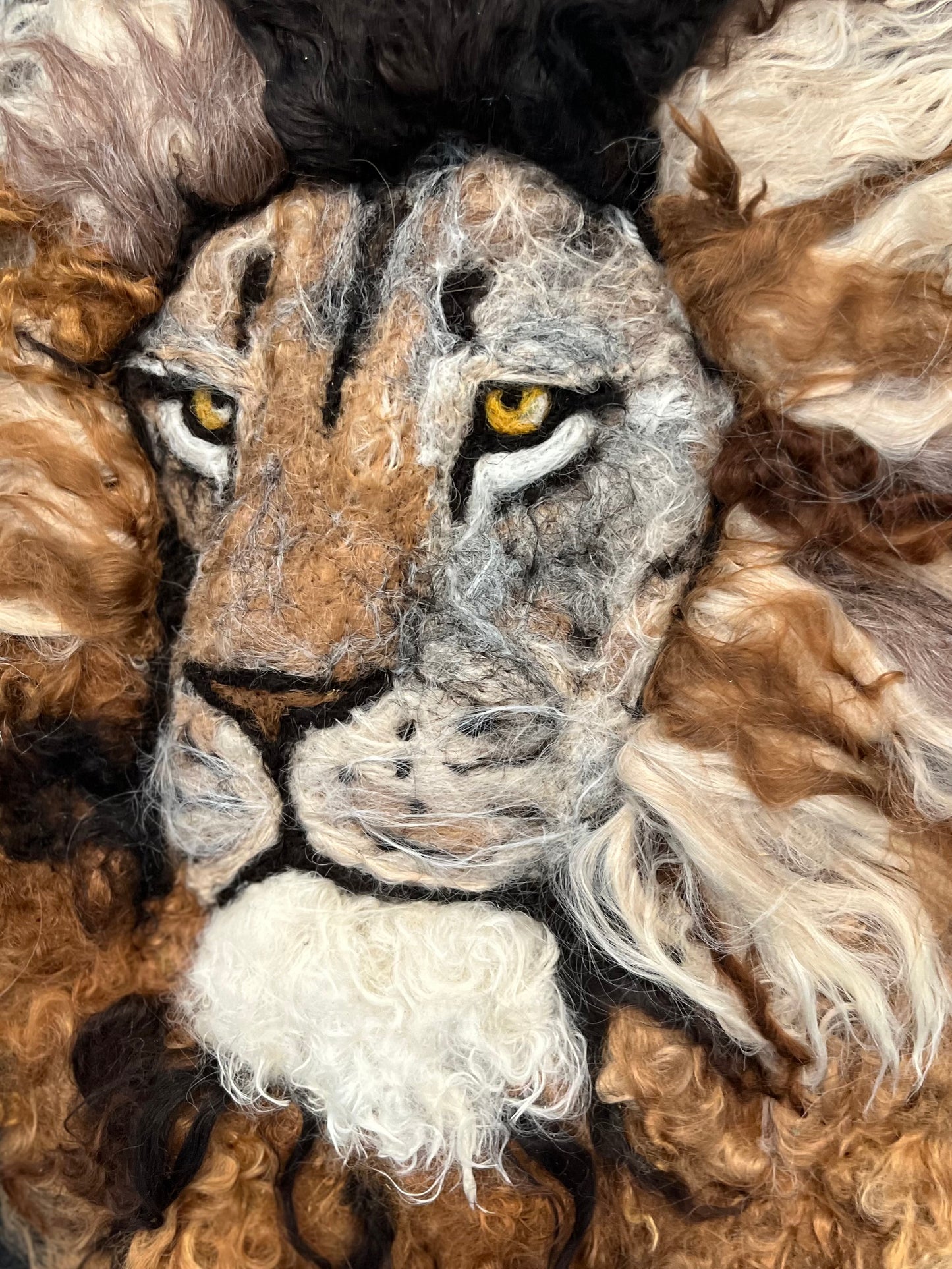 FP85 Felted Lion Portrait (13x16) Multi Side | Suri Alpaca Fiber Art