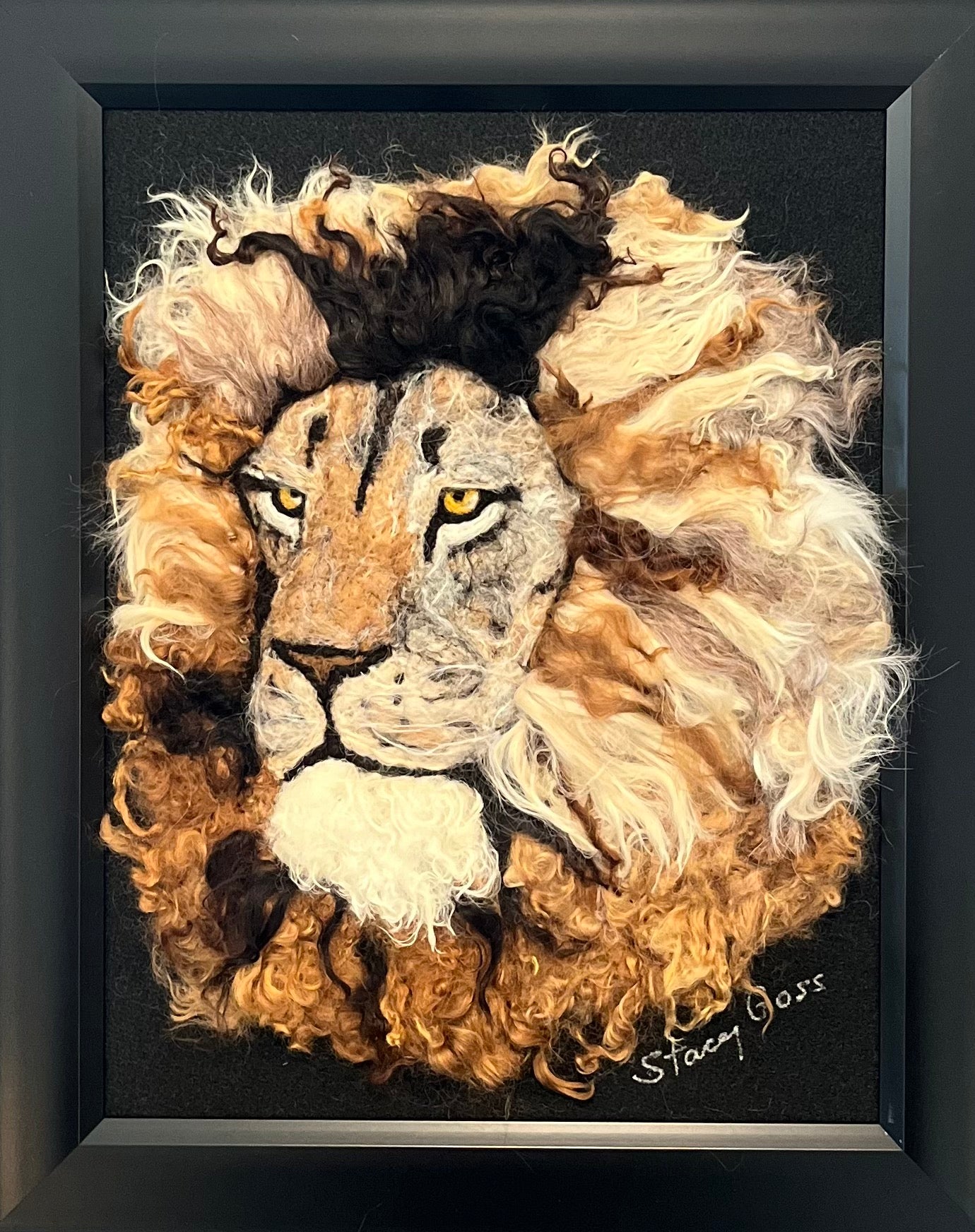 FP85 Felted Lion Portrait (13x16) Multi Side | Suri Alpaca Fiber Art