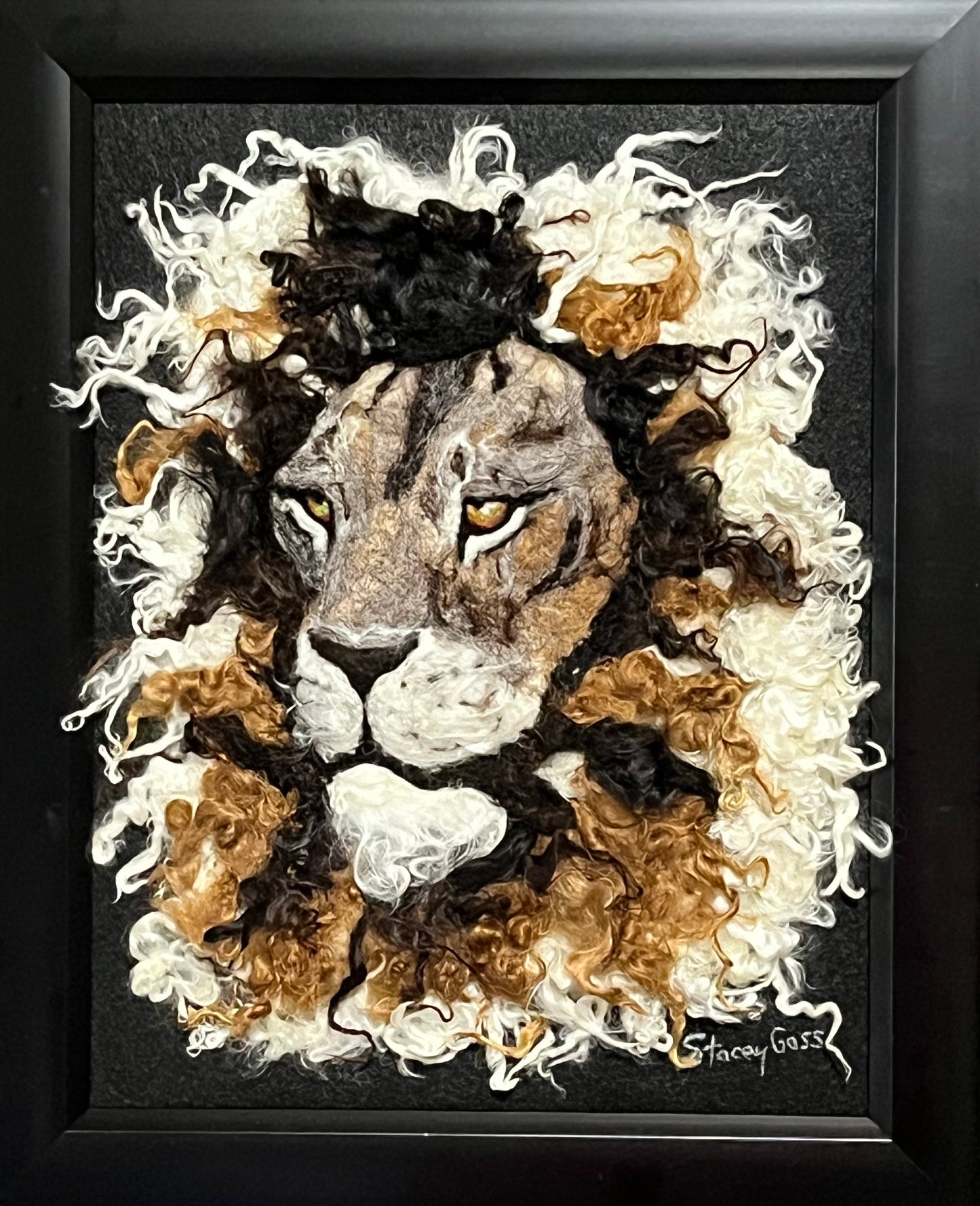 FP89 Felted Lion Portrait (13x16) Fawn-Black Side | Suri Alpaca Fiber Art