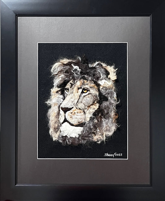 FP95 Felted Lion Portrait w/Matte (19x23) White | Suri Alpaca Fiber Art