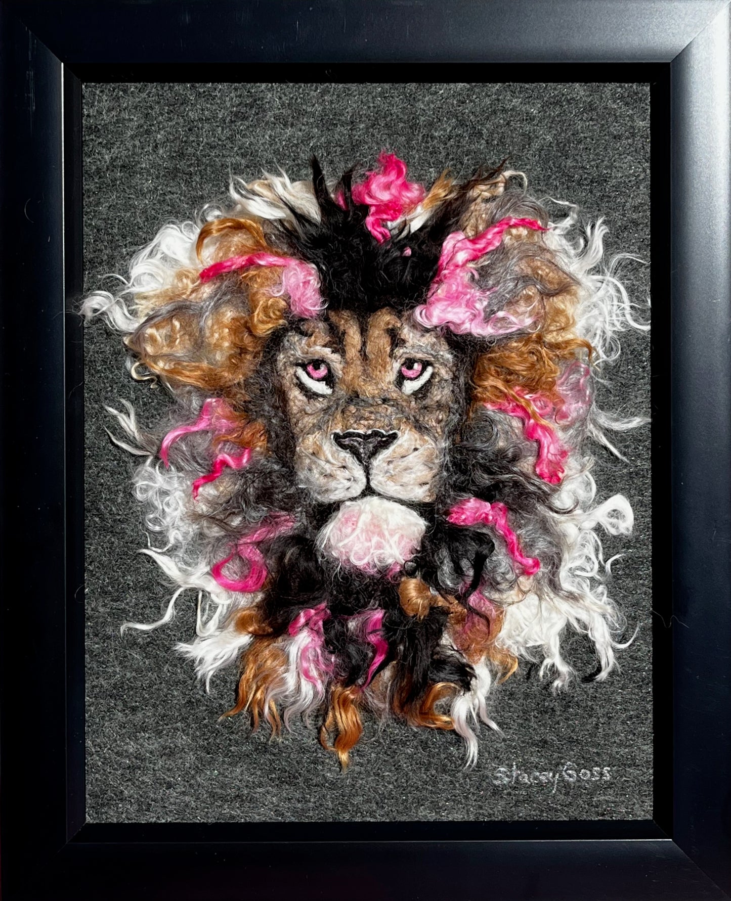 FP96 Felted Lion Portrait (13x16) w/Pink | Suri Alpaca Fiber Art