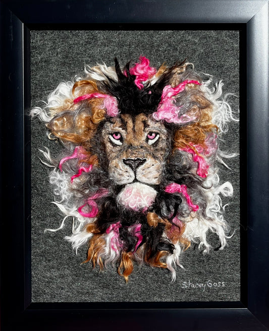 FP96 Felted Lion Portrait (13x16) w/Pink | Suri Alpaca Fiber Art