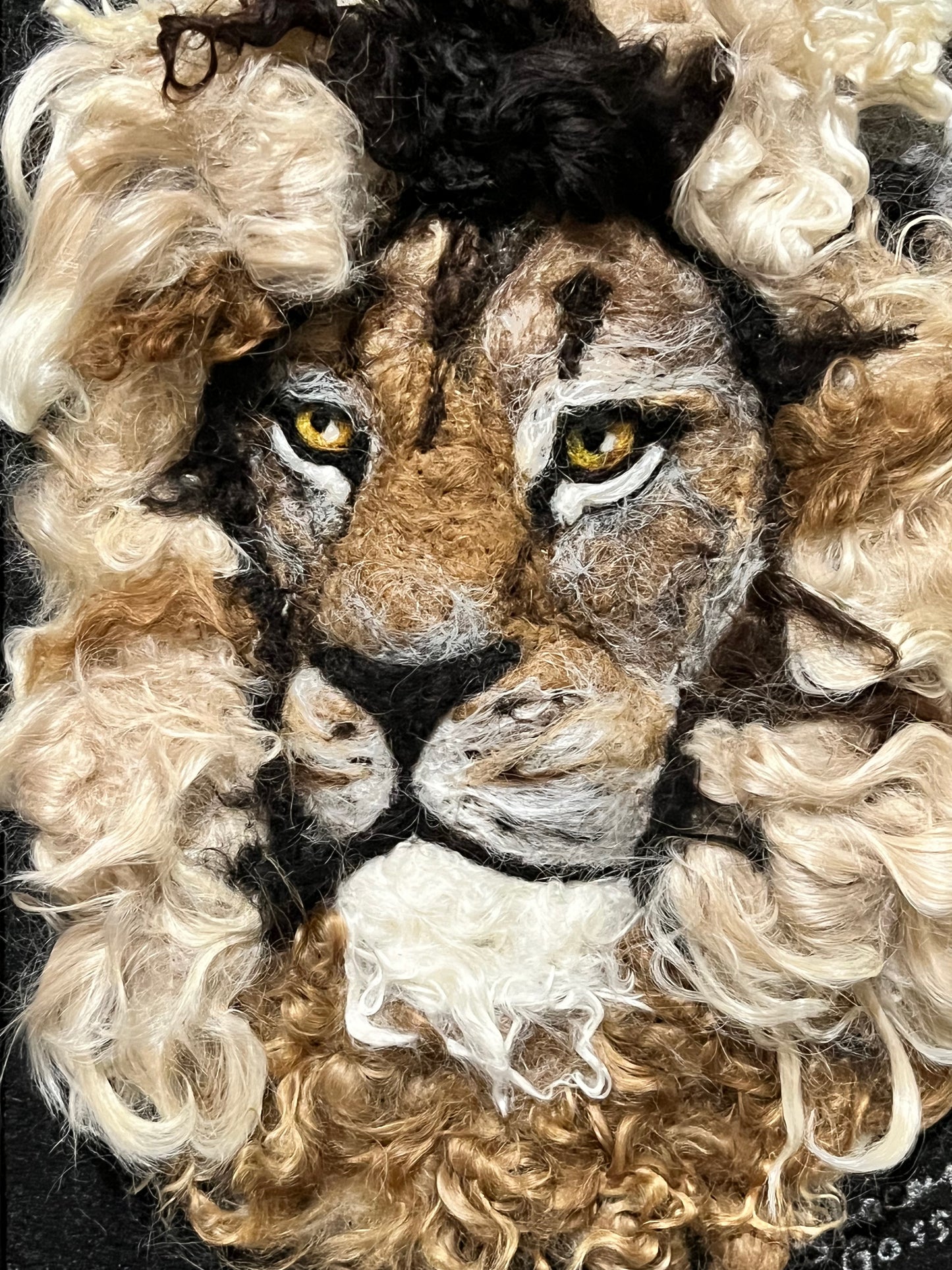 FP110 Felted Lion Portrait (10x12) Multi Side | Suri Alpaca Fiber Art