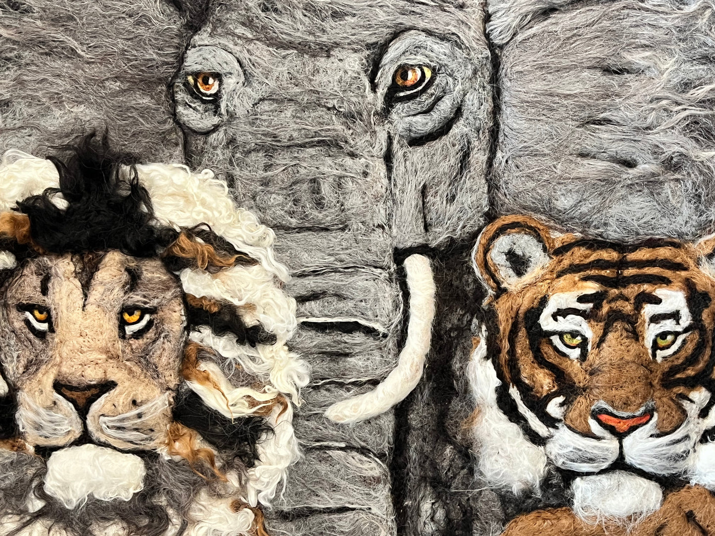 FP50 Felted Lion-Tiger-Elephant Portrait (16x20) | Suri Alpaca Fiber Art