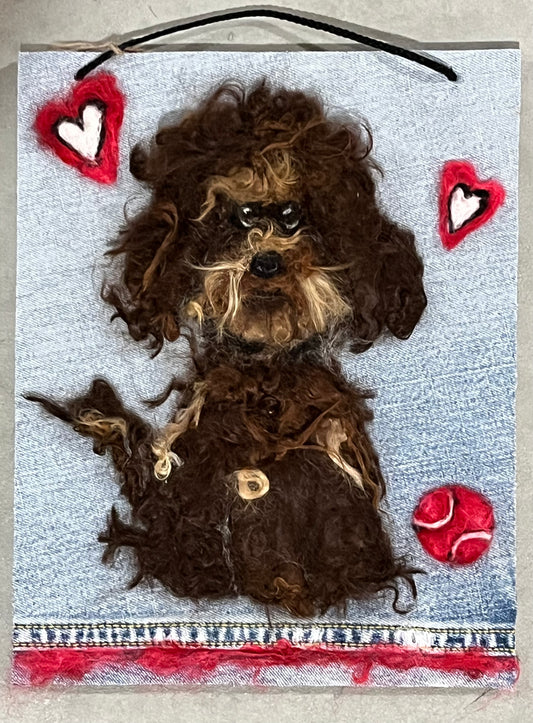 Hanging 8x10 Felted Portraits - Dog w/Hearts | Suri Alpaca Fiber