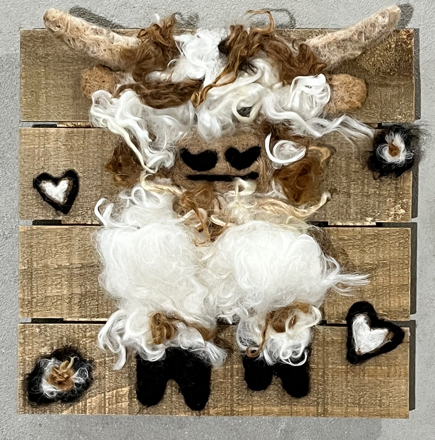 Felted Highland Cow Portraits on 8x8 Wood Slat | Suri Alpaca Fiber