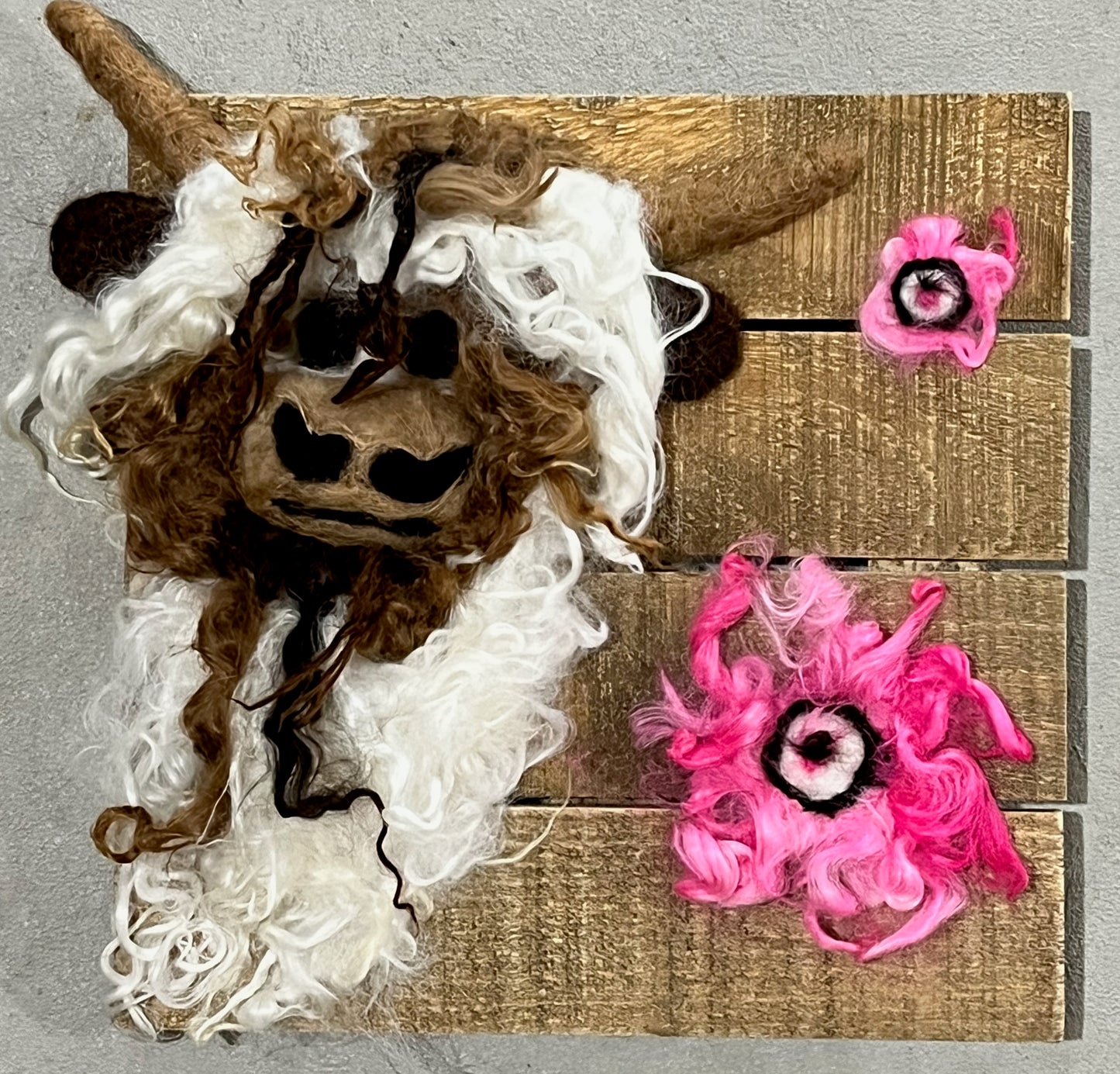Felted Highland Cow Portraits on 8x8 Wood Slat | Suri Alpaca Fiber