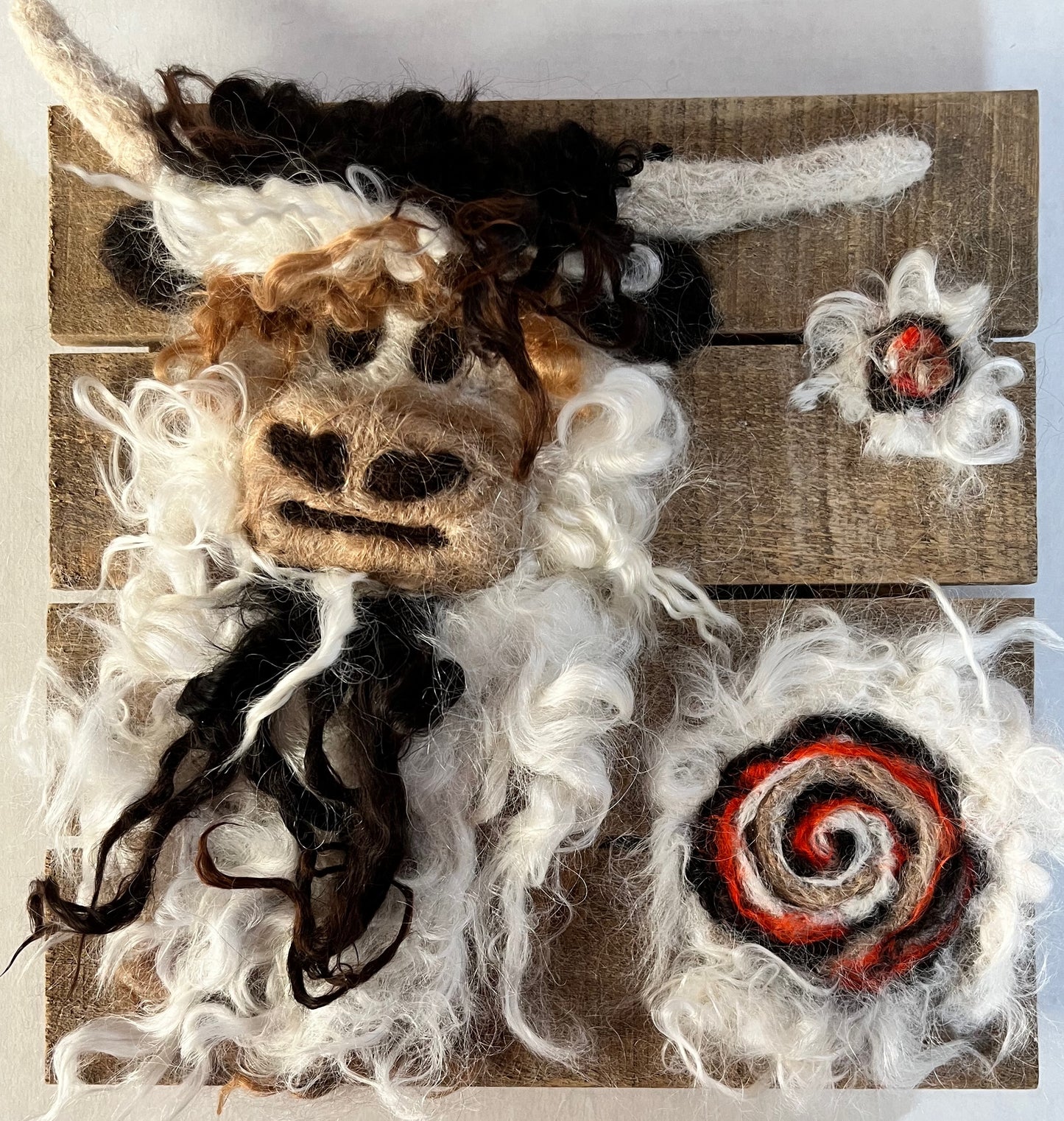 Felted Highland Cow Portraits on 8x8 Wood Slat | Suri Alpaca Fiber