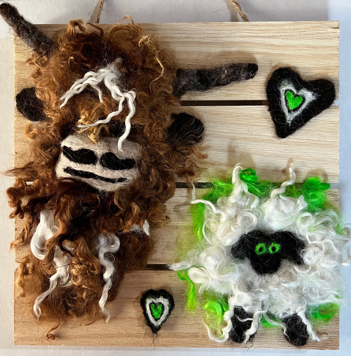 Hanging 10x10 Wood Slat Portraits - Highland Cow & Sheep | Suri Alpaca Fiber